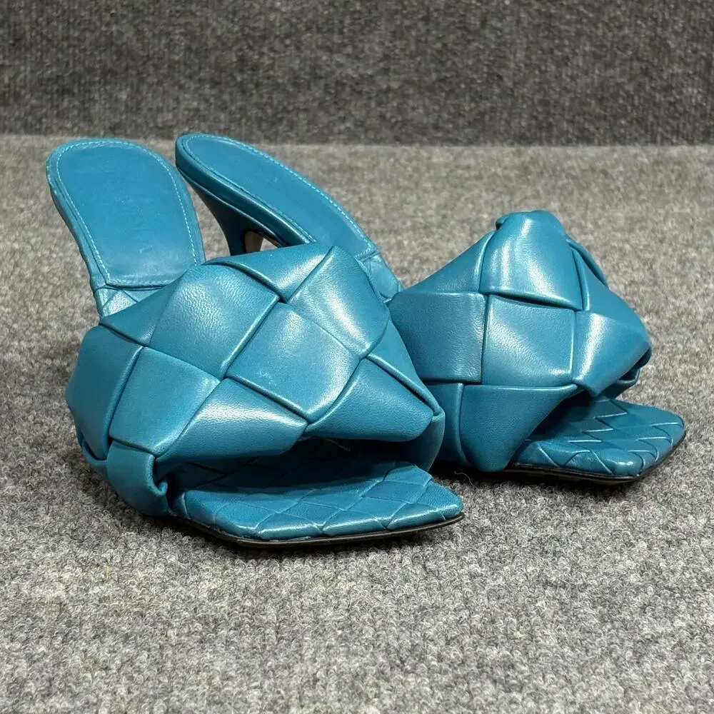 Bottega Veneta Sandals Womens 35 Blue Lido Intrecciato Leather Mules Slide Heels